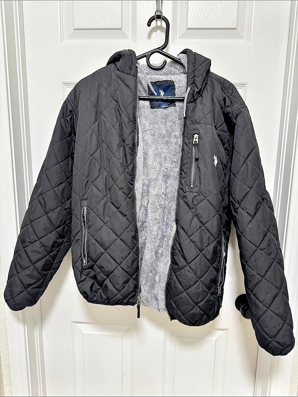 U.S. Polo Assn. Quilted Hooded Jacket Black Gray Size Large Like New
